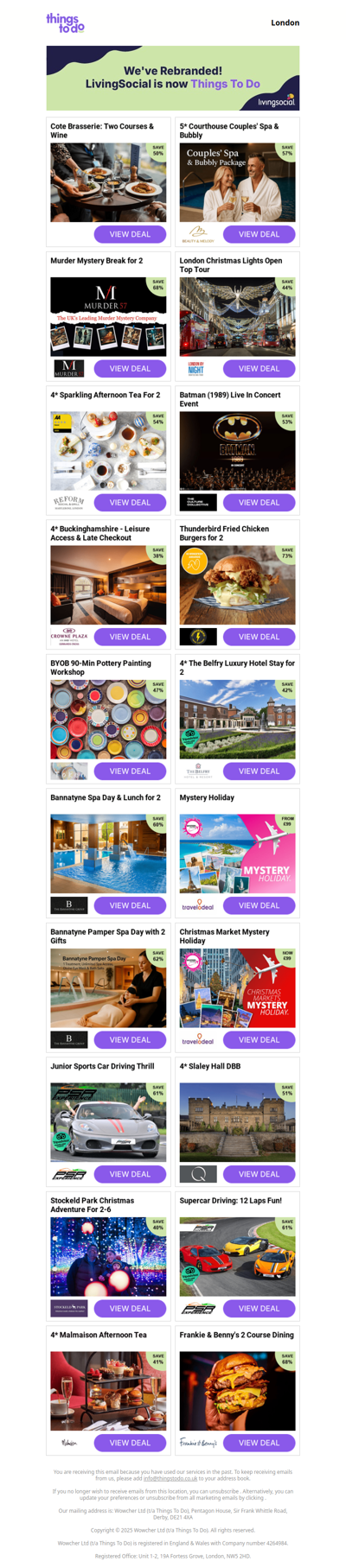 Cote Brasserie: Two Courses & Wine | 5* Courthouse Couples' Spa & Bubbly | Murder Mystery Break for 2 | London Christmas Lights Open Top Tour | 4* Sparkling Afternoon Tea For 2