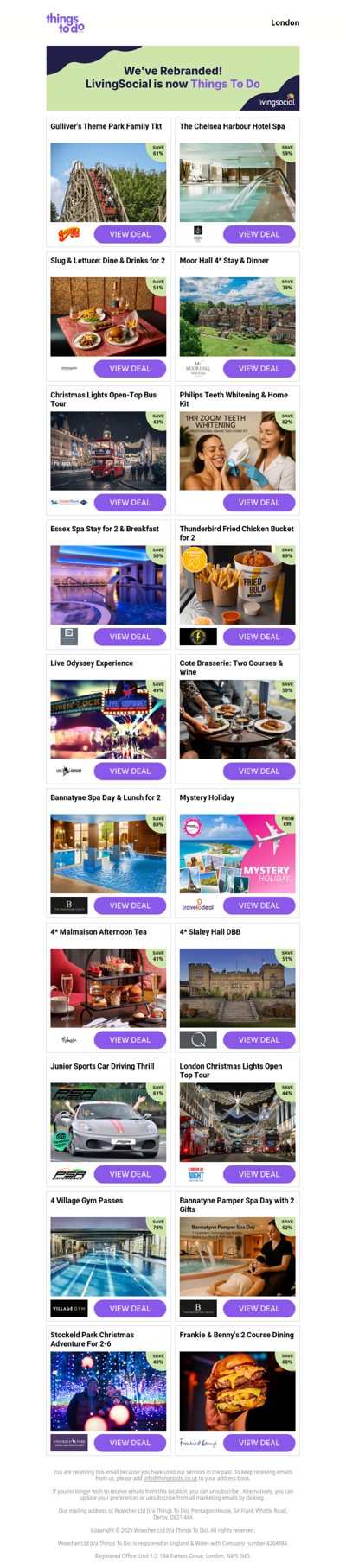Gulliver's Theme Park Family Tkt | The Chelsea Harbour Hotel Spa | Slug & Lettuce: Dine & Drinks for 2 | Moor Hall 4* Stay & Dinner | Christmas Lights Open-Top Bus Tour