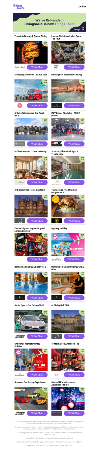 Frankie & Benny's 2 Course Dining | London Christmas Lights Open Top Tour | Monopoly Afternoon Tea Bus Tour | Bannatyne 4 Treatment Spa Day | 4* Lake Windermere Spa Break for 2
