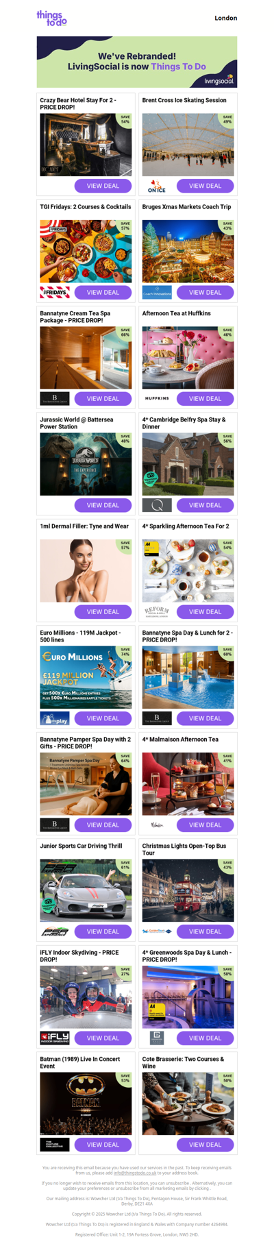 Crazy Bear Hotel Stay For 2 - PRICE DROP! | Brent Cross Ice Skating Session | TGI Fridays: 2 Courses & Cocktails | Bruges Xmas Markets Coach Trip | Bannatyne Cream Tea Spa Package - PRICE DROP!