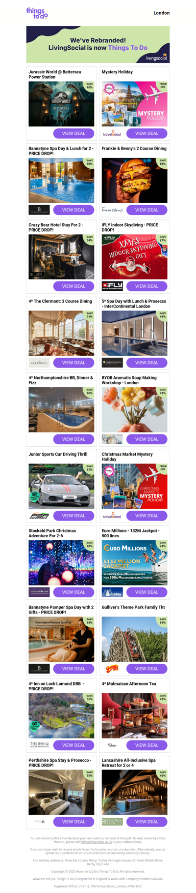 Jurassic World @ Battersea Power Station | Mystery Holiday | Bannatyne Spa Day & Lunch for 2 - PRICE DROP! | Frankie & Benny's 2 Course Dining | Crazy Bear Hotel Stay For 2 - PRICE DROP!