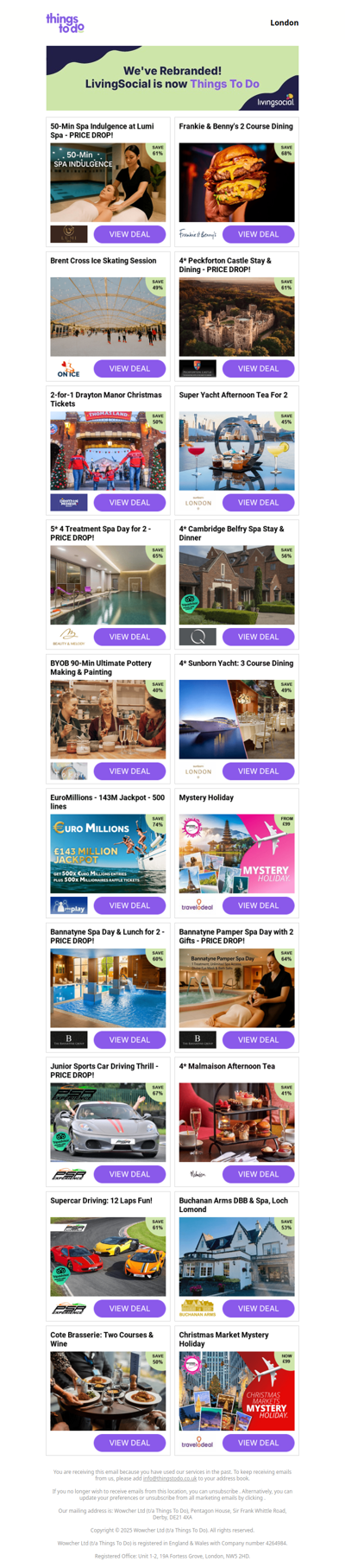 50-Min Spa Indulgence at Lumi Spa - PRICE DROP! | Frankie & Benny's 2 Course Dining | Brent Cross Ice Skating Session | 4* Peckforton Castle Stay & Dining - PRICE DROP! | 2-for-1 Drayton Manor Christmas Tickets