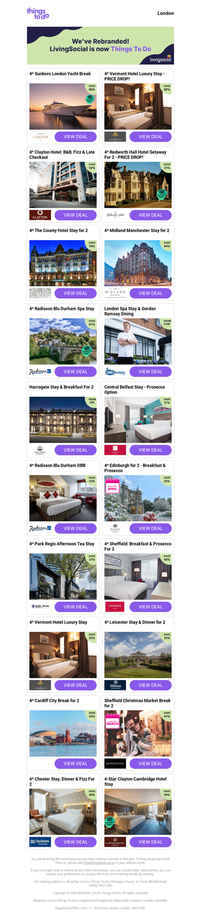 4* Sunborn London Yacht Break | 4* Vermont Hotel Luxury Stay - PRICE DROP! | 4* Clayton Hotel: B&B, Fizz & Late Checkout | 4* Redworth Hall Hotel Getaway For 2 - PRICE DROP! | 4* The County Hotel Stay for 2