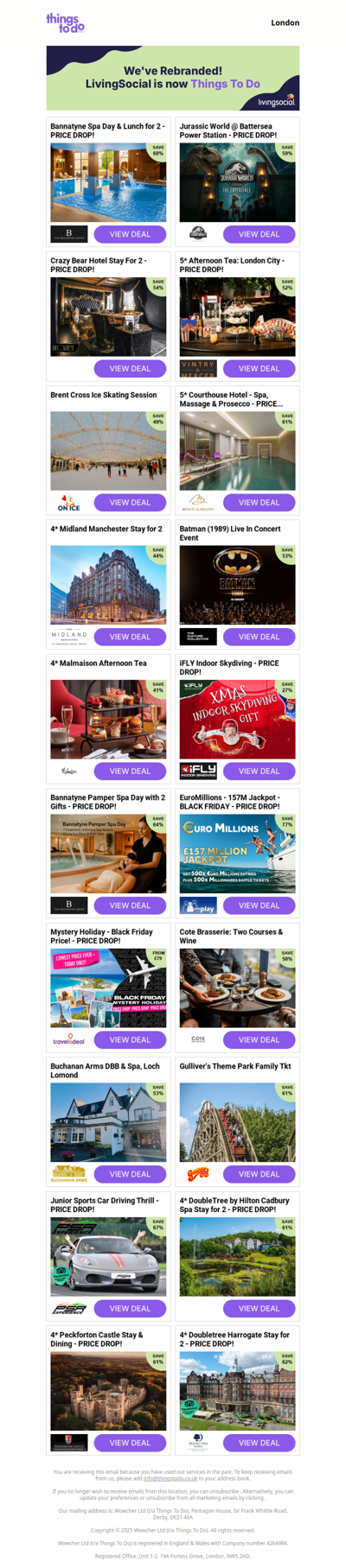 Bannatyne Spa Day & Lunch for 2 - PRICE DROP! | Jurassic World @ Battersea Power Station - PRICE DROP! | Crazy Bear Hotel Stay For 2 - PRICE DROP! | 5* Afternoon Tea: London City - PRICE DROP! | Brent Cross Ice Skating Session