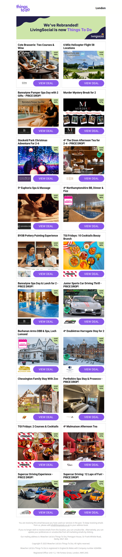 Cote Brasserie: Two Courses & Wine | 6 Mile Helicopter Flight 58 Locations | Bannatyne Pamper Spa Day with 2 Gifts - PRICE DROP! | Murder Mystery Break for 2 | Stockeld Park Christmas Adventure For 2-6