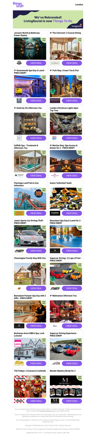 Jurassic World @ Battersea Power Station | 4* The Clermont: 3 Course Dining - PRICE DROP! | 4* Greenwoods Spa Day & Lunch | 4* York Stay: Cream Tea & Fizz | 4* Hotel du Vin Afternoon Tea