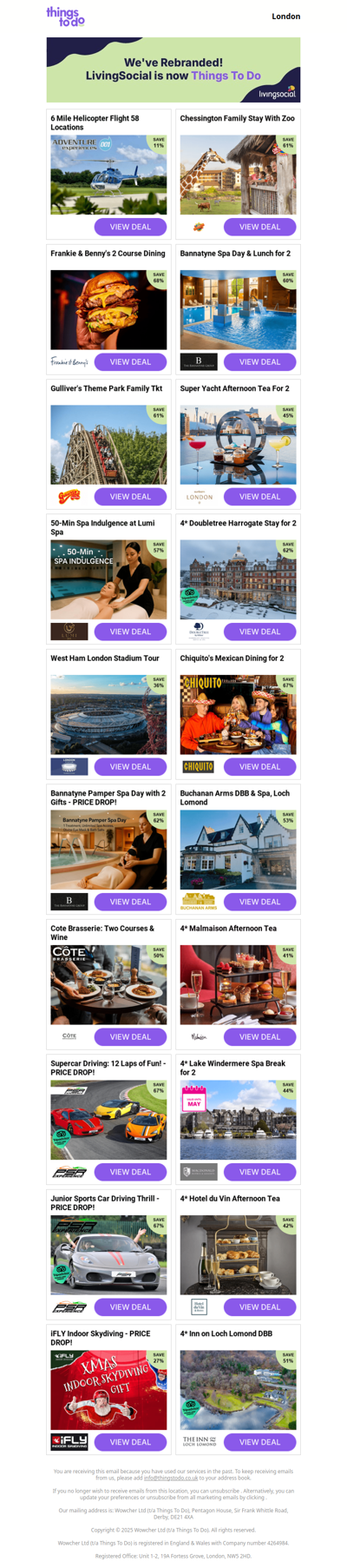 6 Mile Helicopter Flight 58 Locations | Chessington Family Stay With Zoo | Frankie & Benny's 2 Course Dining | Bannatyne Spa Day & Lunch for 2 - PRICE DROP! | Gulliver's Theme Park Family Tkt
