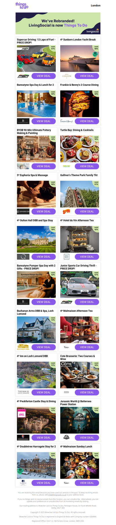 Supercar Driving: 12 Laps of Fun! - PRICE DROP! | 4* Sunborn London Yacht Break | Bannatyne Spa Day & Lunch for 2 - PRICE DROP! | Frankie & Benny's 2 Course Dining | BYOB 90-Min Ultimate Pottery Making & Painting - PRICE DROP!