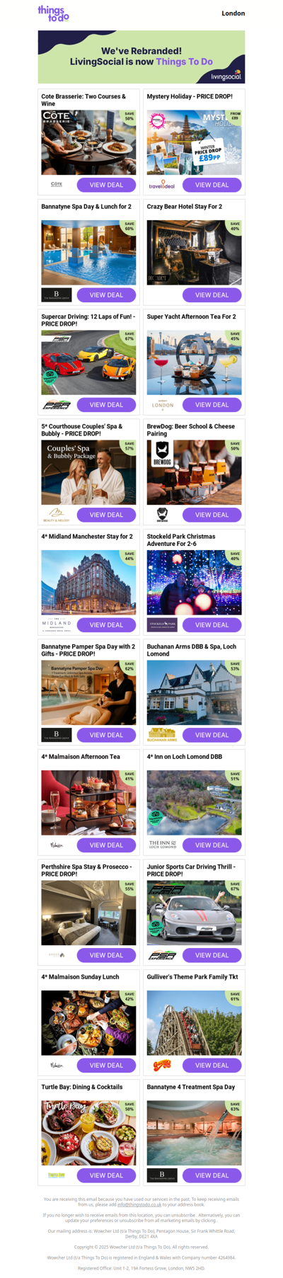 Cote Brasserie: Two Courses & Wine | Mystery Holiday - PRICE DROP! | Bannatyne Spa Day & Lunch for 2 - PRICE DROP! | Crazy Bear Hotel Stay For 2 - PRICE DROP! | Supercar Driving: 12 Laps of Fun! - PRICE DROP!