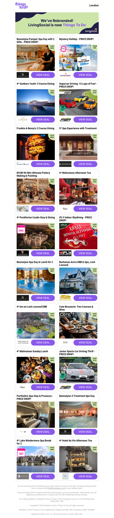 Bannatyne Pamper Spa Day with 2 Gifts - PRICE DROP! | Mystery Holiday - PRICE DROP! | 4* Sunborn Yacht: 3 Course Dining - PRICE DROP! | Supercar Driving: 12 Laps of Fun! - PRICE DROP! | Frankie & Benny's 2 Course Dining