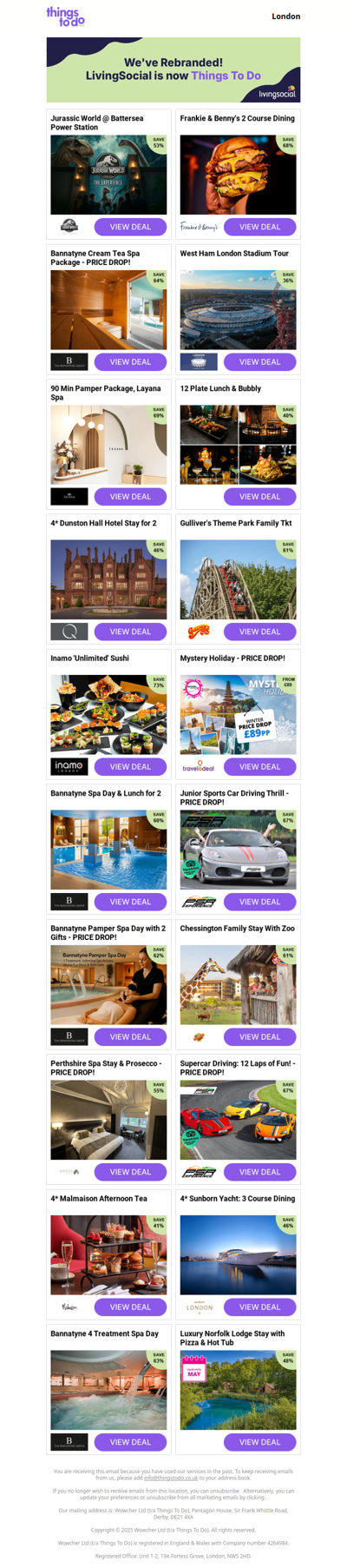 Jurassic World @ Battersea Power Station | Frankie & Benny's 2 Course Dining | Bannatyne Cream Tea Spa Package - PRICE DROP! | West Ham London Stadium Tour | 90 Min Pamper Package, Layana Spa - PRICE DROP!