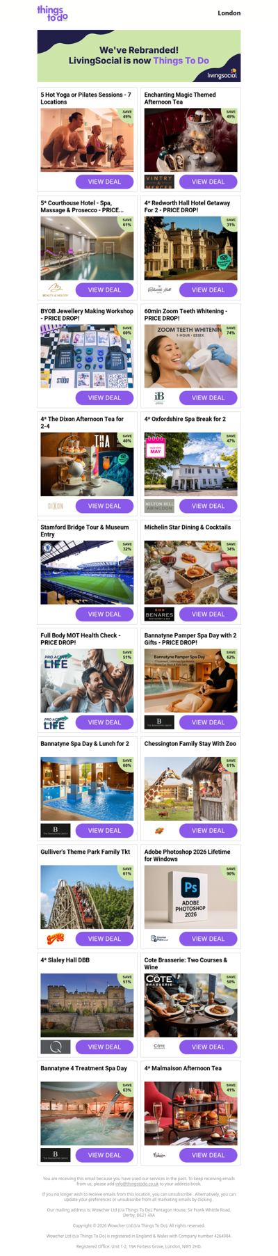 5 Hot Yoga or Pilates Sessions - 7 Locations | Enchanting Magic Themed Afternoon Tea | 5* Courthouse Hotel - Spa, Massage & Prosecco - PRICE DROP! | 4* Redworth Hall Hotel Getaway For 2 - PRICE DROP! | BYOB Jewellery Making Workshop