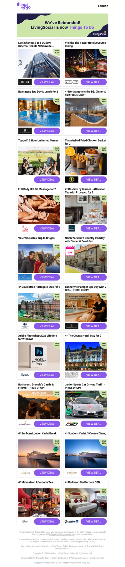 Last Chance: 2 or 5 ODEON Cinema Tickets Nationwide | Vicinity The Tower Hotel 2 Course Dining | Bannatyne Spa Day & Lunch for 2 | 4* Northamptonshire BB, Dinner & Fizz PRICE DROP | Topgolf: 2 Hour Unlimited Games