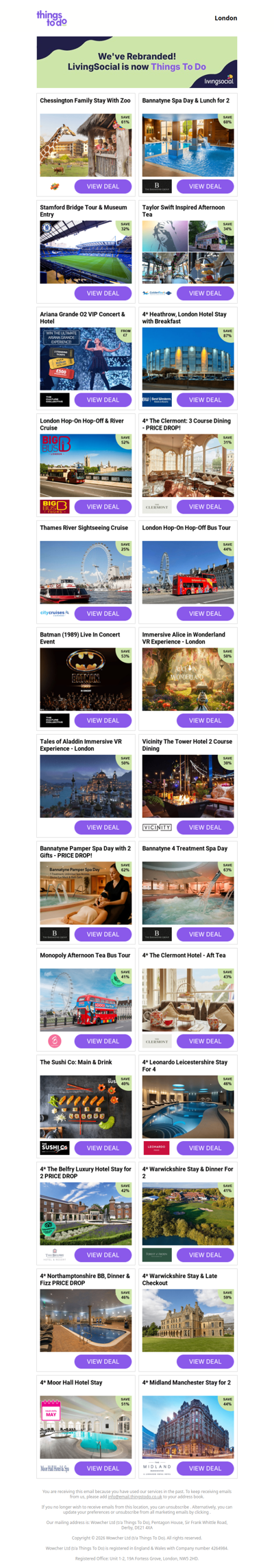 Chessington Family Stay With Zoo | Bannatyne Spa Day & Lunch for 2 | Stamford Bridge Tour & Museum Entry | Taylor Swift Inspired Afternoon Tea | Ariana Grande O2 VIP Concert & Hotel