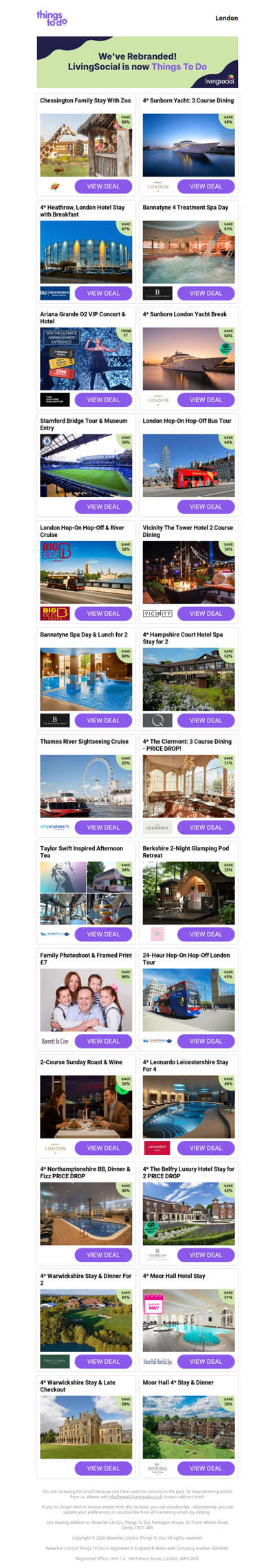 Chessington Family Stay With Zoo | 4* Sunborn Yacht: 3 Course Dining | 4* Heathrow, London Hotel Stay with Breakfast | Bannatyne 4 Treatment Spa Day | Ariana Grande O2 VIP Concert & Hotel