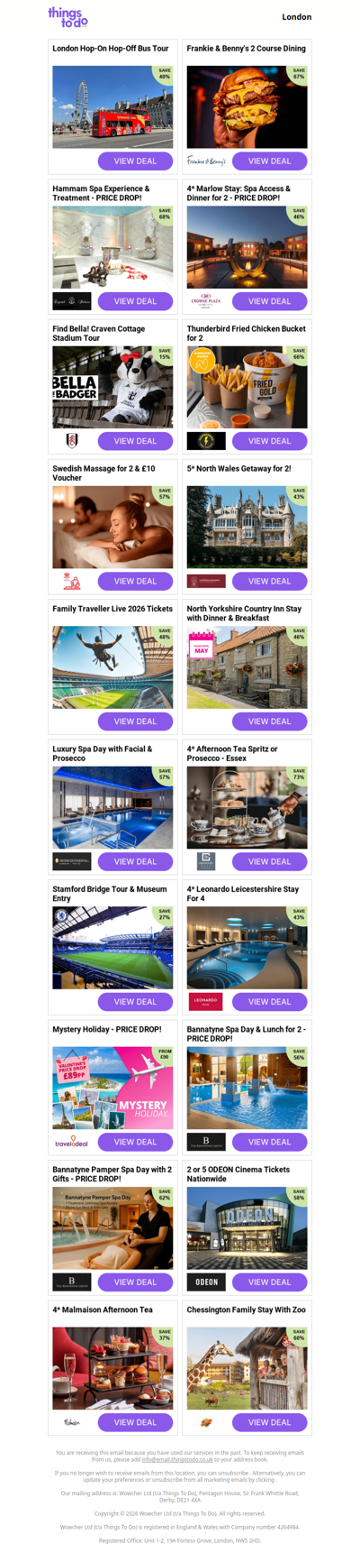 London Hop-On Hop-Off Bus Tour | Frankie & Benny's 2 Course Dining | Hammam Spa Experience & Treatment - PRICE DROP! | 4* Marlow Stay: Spa Access & Dinner for 2 - PRICE DROP! | Find Bella! Craven Cottage Stadium Tour