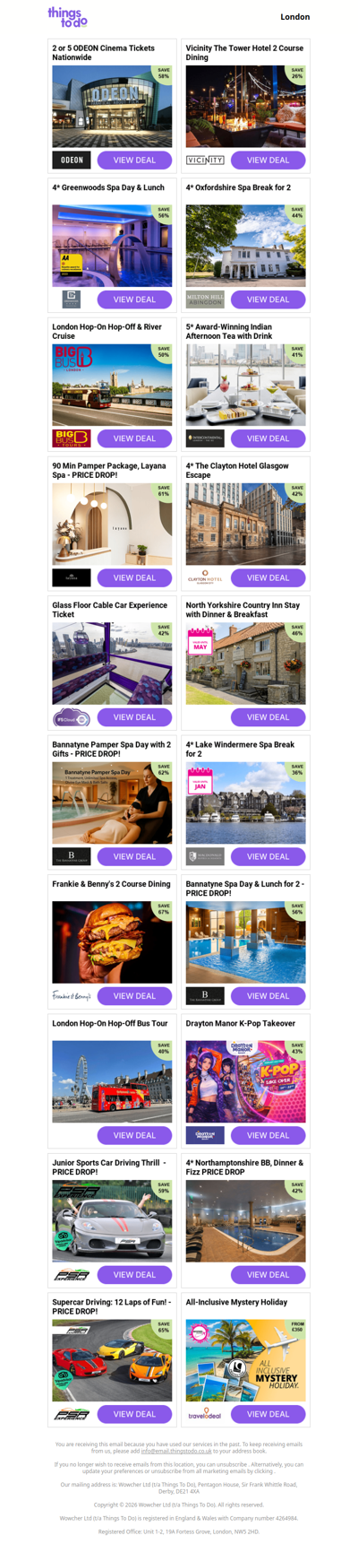 2 or 5 ODEON Cinema Tickets Nationwide | Vicinity The Tower Hotel 2 Course Dining | 4* Greenwoods Spa Day & Lunch | 4* Oxfordshire Spa Break for 2 | London Hop-On Hop-Off & River Cruise