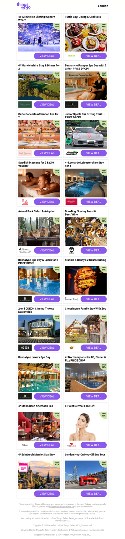 45-Minute Ice Skating: Canary Wharf | Turtle Bay: Dining & Cocktails | 4* Warwickshire Stay & Dinner For 2 | Bannatyne Pamper Spa Day with 2 Gifts - PRICE DROP! | Caffe Concerto Afternoon Tea for 2