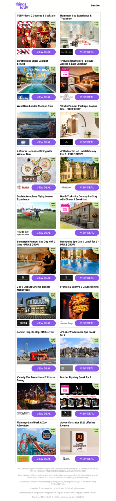 TGI Fridays: 2 Courses & Cocktails | Hammam Spa Experience & Treatment | EuroMillions: 500 Lines and 500 Tickets | 4* Buckinghamshire - Leisure Access & Late Checkout | West Ham London Stadium Tour