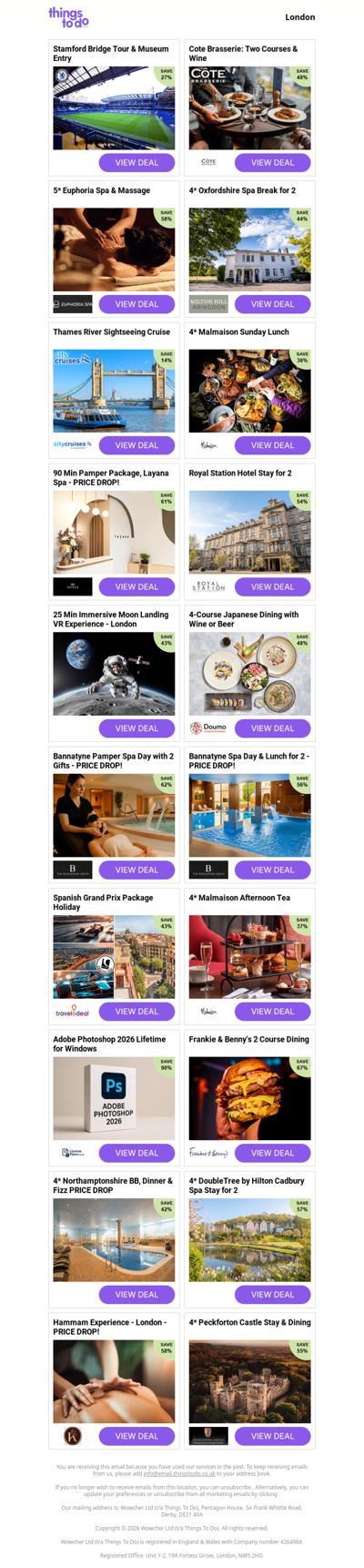 Stamford Bridge Tour & Museum Entry | Cote Brasserie: Two Courses & Wine | 5* Euphoria Spa & Massage | 4* Oxfordshire Spa Break for 2 | Thames River Sightseeing Cruise