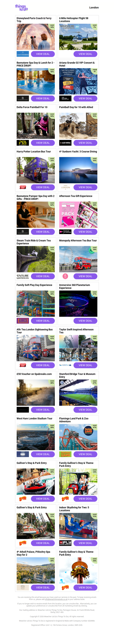Disneyland Paris Coach & Ferry Trip | 6 Mile Helicopter Flight 58 Locations | Bannatyne Spa Day & Lunch for 2 - PRICE DROP! | Ariana Grande O2 VIP Concert & Hotel | Delta Force Paintball For 10