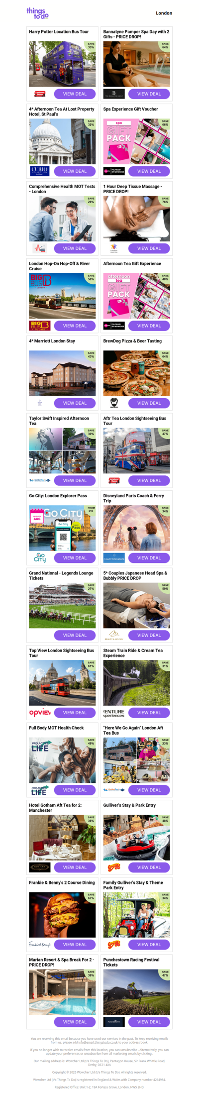 Harry Potter Location Bus Tour | Bannatyne Pamper Spa Day with 2 Gifts - PRICE DROP! | 4* Afternoon Tea At Lost Property Hotel, St Paul's | Spa Experience Gift Voucher | Comprehensive Health MOT Tests - London