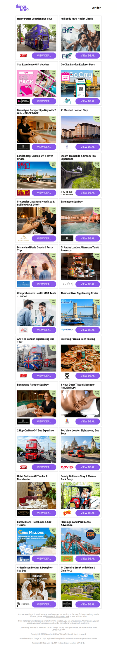 Harry Potter Location Bus Tour | Full Body MOT Health Check | Spa Experience Gift Voucher | Go City: London Explorer Pass | Bannatyne Pamper Spa Day with 2 Gifts - PRICE DROP!