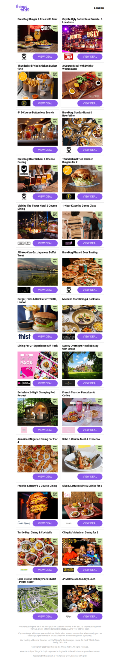 BrewDog: Burger & Fries with Beer | Coyote Ugly Bottomless Brunch - 8 Locations | Thunderbird Fried Chicken Bucket for 2 | 3 Course Meal with Drinks - Westminster | 4* 2-Course Bottomless Brunch