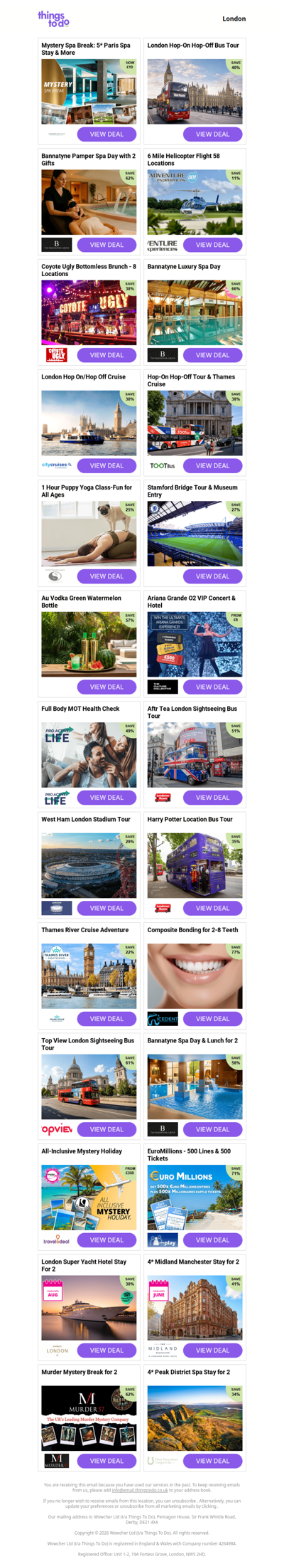 Mystery Spa Break: 5* Paris Spa Stay & More | London Hop-On Hop-Off Bus Tour | Bannatyne Pamper Spa Day with 2 Gifts | 6 Mile Helicopter Flight 58 Locations | Coyote Ugly Bottomless Brunch - 8 Locations