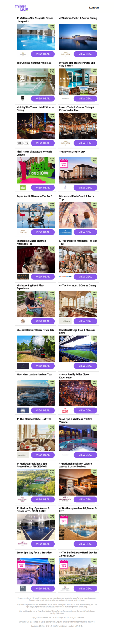 4* Wellness Spa Stay with Dinner Hampshire | 4* Sunborn Yacht: 3 Course Dining | The Chelsea Harbour Hotel Spa | Mystery Spa Break: 5* Paris Spa Stay & More | Vicinity The Tower Hotel 2 Course Dining