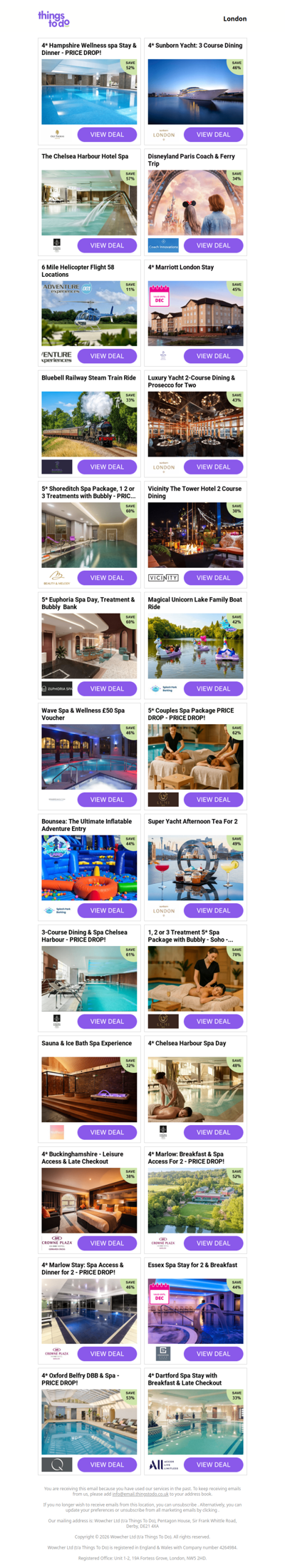 4* Hampshire Wellness spa Stay & Dinner - PRICE DROP! | 4* Sunborn Yacht: 3 Course Dining | The Chelsea Harbour Hotel Spa | Disneyland Paris Coach & Ferry Trip | 6 Mile Helicopter Flight 58 Locations