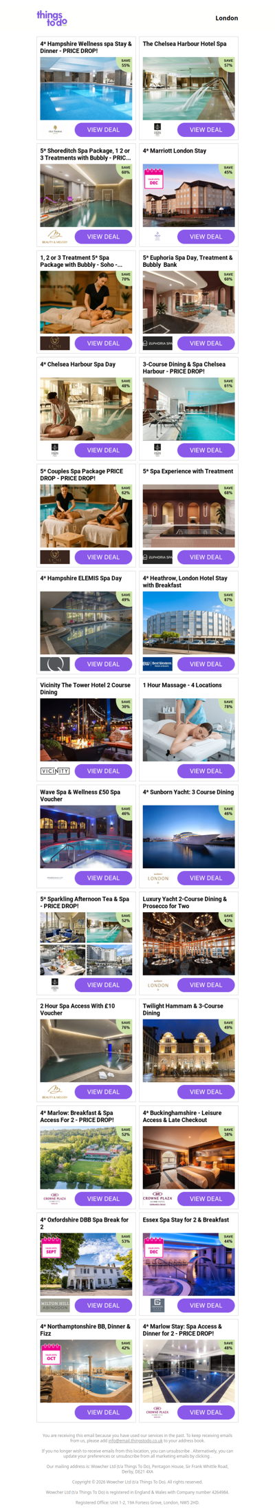 4* Hampshire Wellness spa Stay & Dinner - PRICE DROP! | The Chelsea Harbour Hotel Spa | 5* Shoreditch Spa Package, 1 2 or 3 Treatments with Bubbly - PRICE DROP! | 4* Marriott London Stay | 1, 2 or 3 Treatment 5* Spa Package with Bubbly - Soho - PRICE DROP!