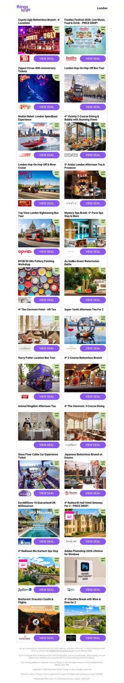 Coyote Ugly Bottomless Brunch - 8 Locations | Foodies Festival 2026: Live Music, Food & Drink - PRICE DROP! | Zippos Circus 40th Anniversary Tickets | London Hop-On Hop-Off Bus Tour | Rocket Rebel: London Speedboat Experience