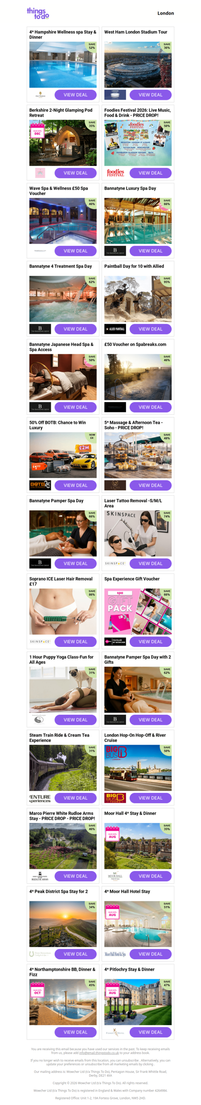4* Hampshire Wellness spa Stay & Dinner | West Ham London Stadium Tour | Berkshire 2-Night Glamping Pod Retreat | Foodies Festival 2026: Live Music, Food & Drink - PRICE DROP! | Wave Spa & Wellness £50 Spa Voucher