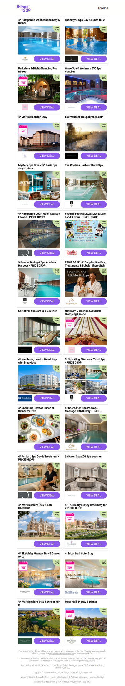 4* Hampshire Wellness spa Stay & Dinner | Bannatyne Spa Day & Lunch for 2 | Berkshire 2-Night Glamping Pod Retreat | Wave Spa & Wellness £50 Spa Voucher | 4* Marriott London Stay