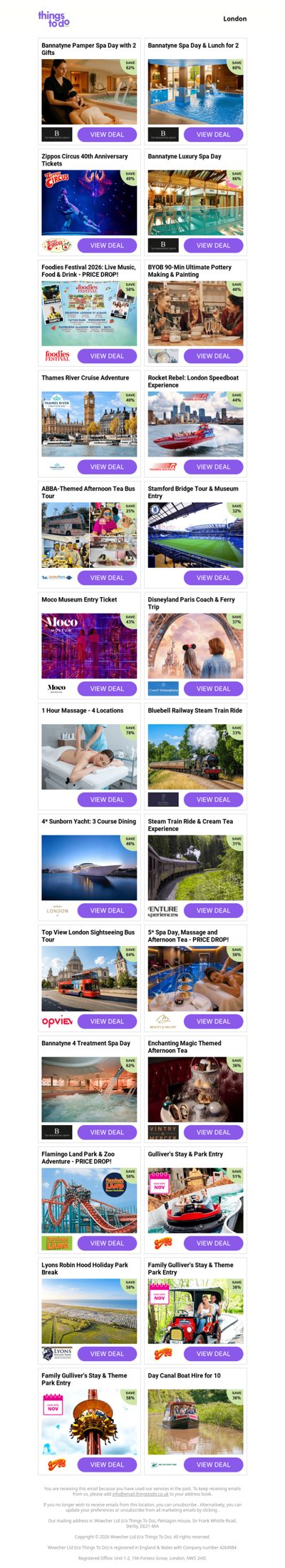 Bannatyne Pamper Spa Day with 2 Gifts | Bannatyne Spa Day & Lunch for 2 | Zippos Circus 40th Anniversary Tickets | Bannatyne Luxury Spa Day | Foodies Festival 2026: Live Music, Food & Drink - PRICE DROP!