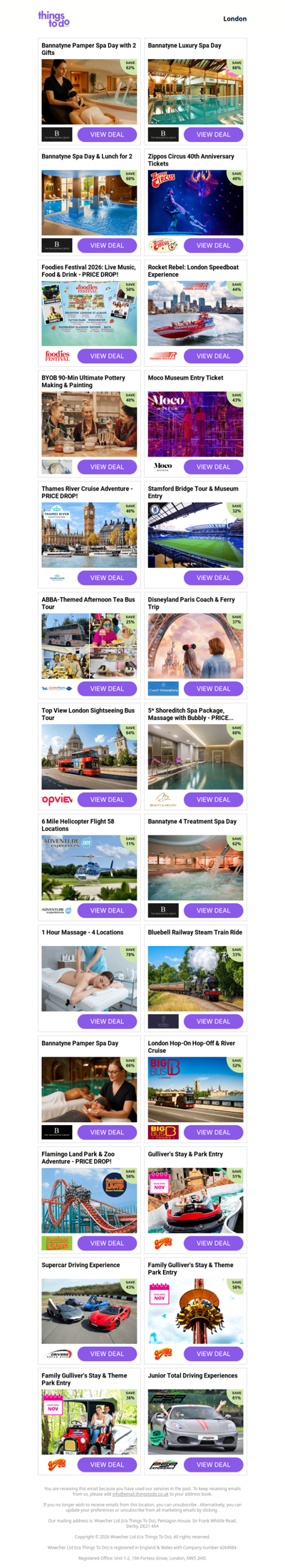 Bannatyne Pamper Spa Day with 2 Gifts | Bannatyne Luxury Spa Day | Bannatyne Spa Day & Lunch for 2 | Zippos Circus 40th Anniversary Tickets | Foodies Festival 2026: Live Music, Food & Drink - PRICE DROP!