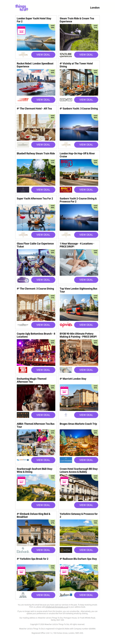 London Super Yacht Hotel Stay For 2 | Steam Train Ride & Cream Tea Experience | Rocket Rebel: London Speedboat Experience | 4* Vicinity at The Tower Hotel Dining | 4* The Clermont Hotel - Aft Tea