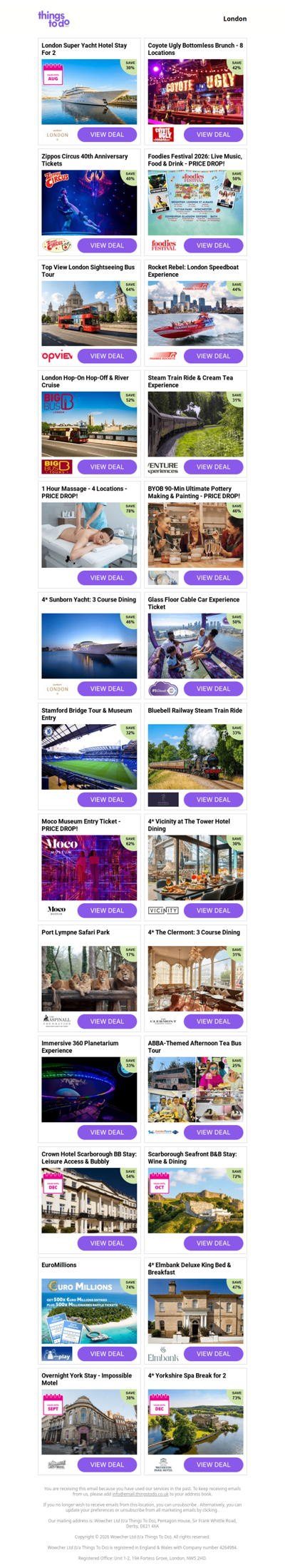 London Super Yacht Hotel Stay For 2 | Coyote Ugly Bottomless Brunch - 8 Locations | Zippos Circus 40th Anniversary Tickets | Foodies Festival 2026: Live Music, Food & Drink - PRICE DROP! | Top View London Sightseeing Bus Tour