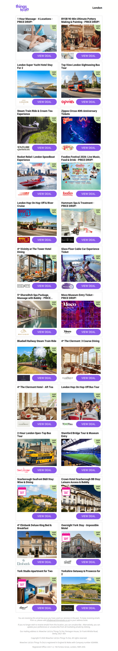 1 Hour Massage - 4 Locations - PRICE DROP! | BYOB 90-Min Ultimate Pottery Making & Painting - PRICE DROP! | London Super Yacht Hotel Stay For 2 | Top View London Sightseeing Bus Tour | Steam Train Ride & Cream Tea Experience
