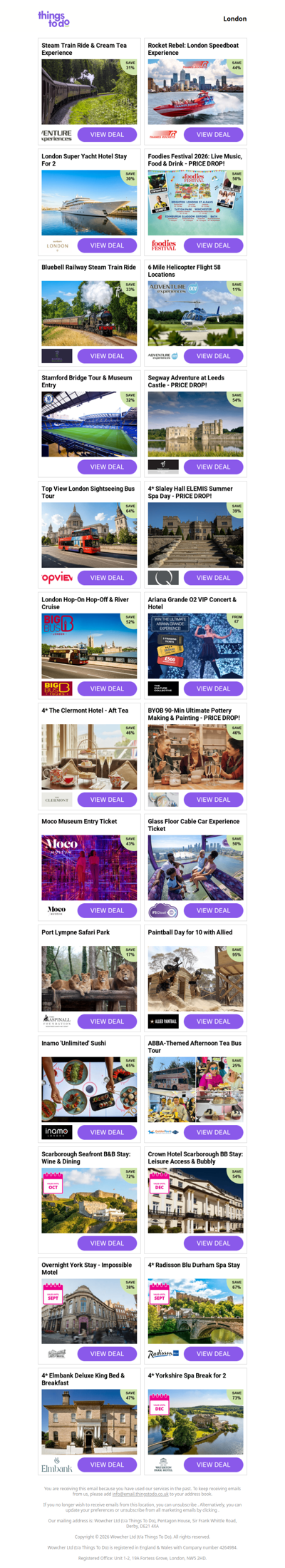 Steam Train Ride & Cream Tea Experience | Rocket Rebel: London Speedboat Experience | London Super Yacht Hotel Stay For 2 | Foodies Festival 2026: Live Music, Food & Drink - PRICE DROP! | Bluebell Railway Steam Train Ride