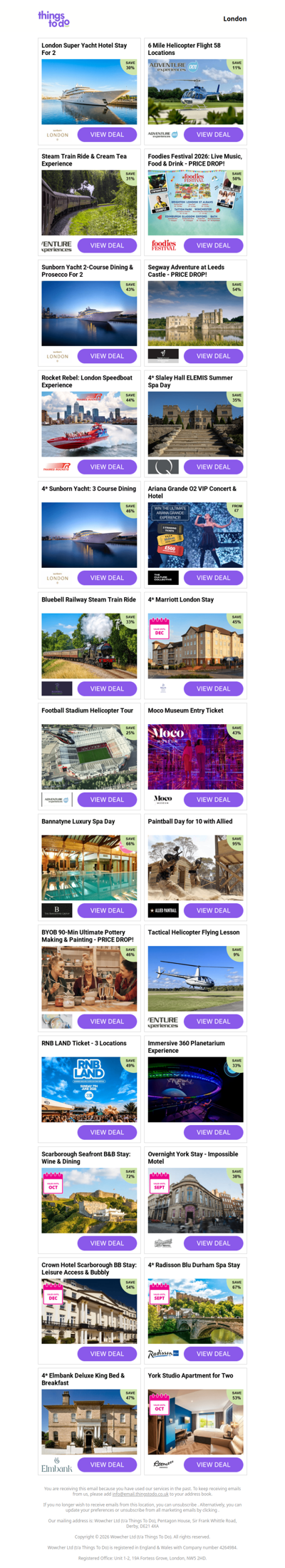 London Super Yacht Hotel Stay For 2 | 6 Mile Helicopter Flight 58 Locations | Steam Train Ride & Cream Tea Experience | Foodies Festival 2026: Live Music, Food & Drink - PRICE DROP! | Sunborn Yacht 2-Course Dining & Prosecco For 2