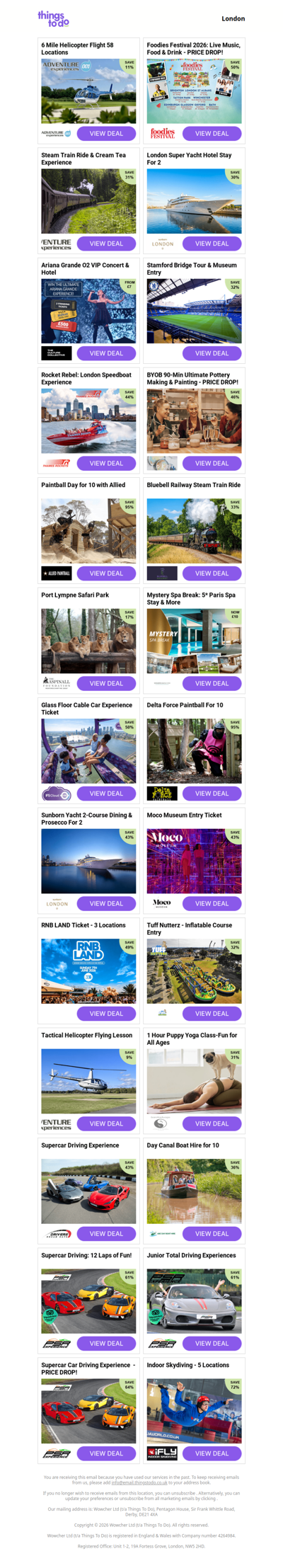 6 Mile Helicopter Flight 58 Locations | Foodies Festival 2026: Live Music, Food & Drink - PRICE DROP! | Steam Train Ride & Cream Tea Experience | London Super Yacht Hotel Stay For 2 | Ariana Grande O2 VIP Concert & Hotel