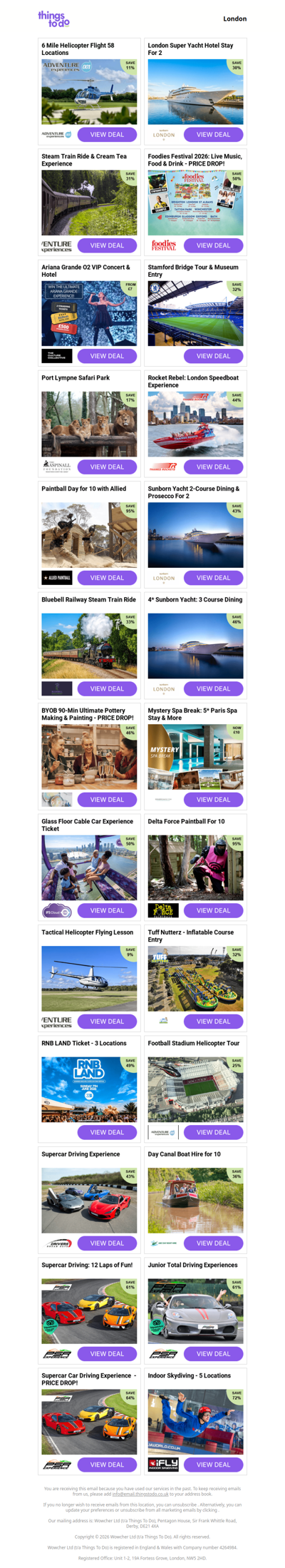 6 Mile Helicopter Flight 58 Locations | London Super Yacht Hotel Stay For 2 | Steam Train Ride & Cream Tea Experience | Foodies Festival 2026: Live Music, Food & Drink - PRICE DROP! | Ariana Grande O2 VIP Concert & Hotel
