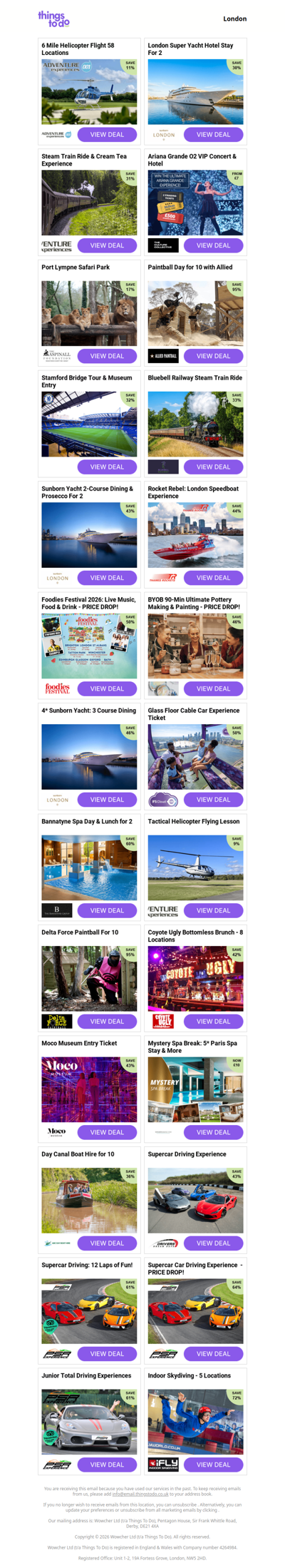 6 Mile Helicopter Flight 58 Locations | London Super Yacht Hotel Stay For 2 | Steam Train Ride & Cream Tea Experience | Ariana Grande O2 VIP Concert & Hotel | Port Lympne Safari Park