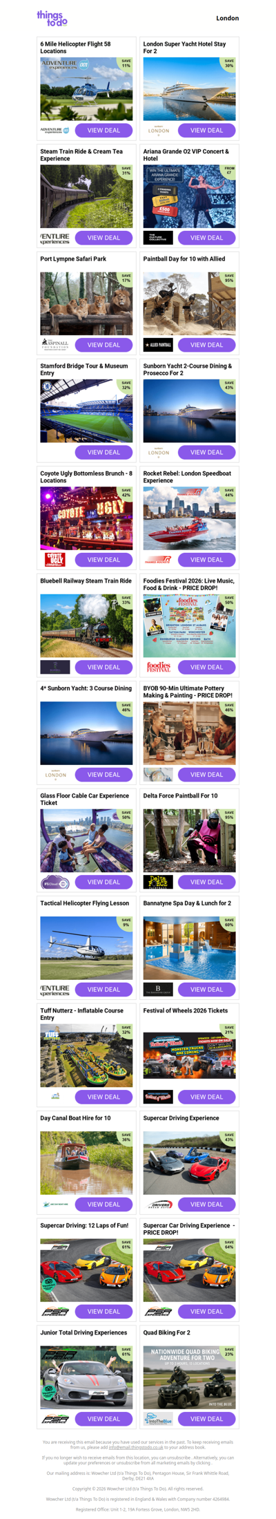 6 Mile Helicopter Flight 58 Locations | London Super Yacht Hotel Stay For 2 | Steam Train Ride & Cream Tea Experience | Ariana Grande O2 VIP Concert & Hotel | Port Lympne Safari Park