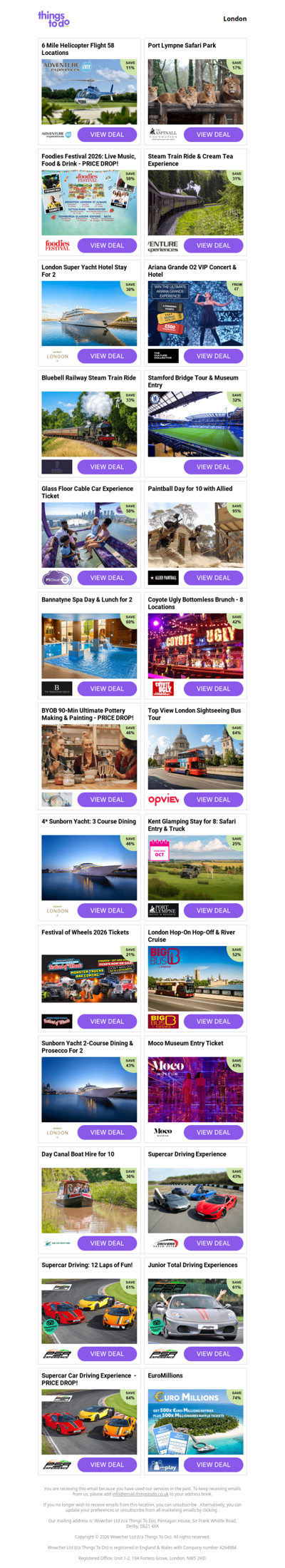 6 Mile Helicopter Flight 58 Locations | Port Lympne Safari Park | Foodies Festival 2026: Live Music, Food & Drink - PRICE DROP! | Steam Train Ride & Cream Tea Experience | London Super Yacht Hotel Stay For 2