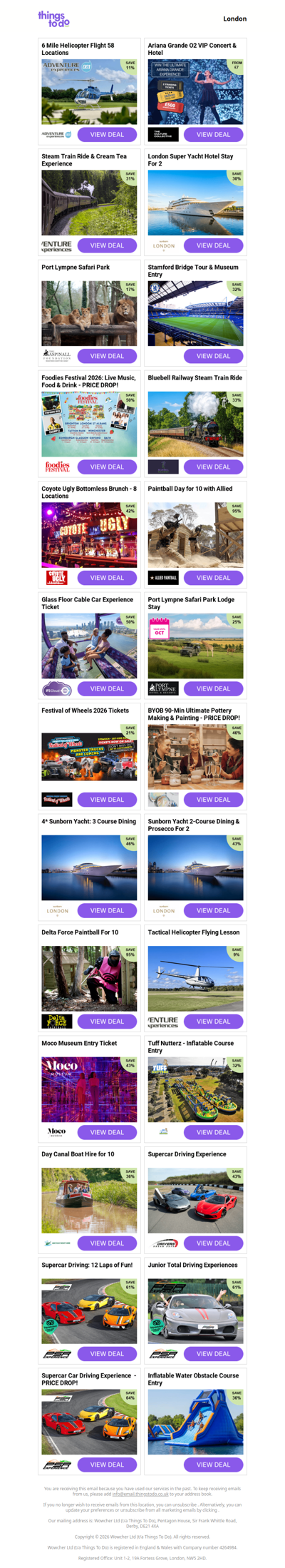 6 Mile Helicopter Flight 58 Locations | Ariana Grande O2 VIP Concert & Hotel | Steam Train Ride & Cream Tea Experience | London Super Yacht Hotel Stay For 2 | Port Lympne Safari Park