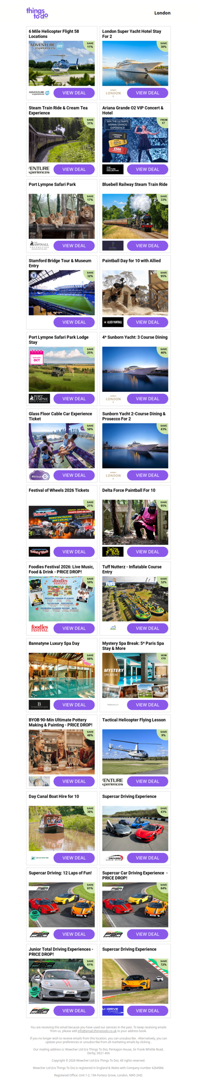 6 Mile Helicopter Flight 58 Locations | London Super Yacht Hotel Stay For 2 | Steam Train Ride & Cream Tea Experience | Ariana Grande O2 VIP Concert & Hotel | Port Lympne Safari Park