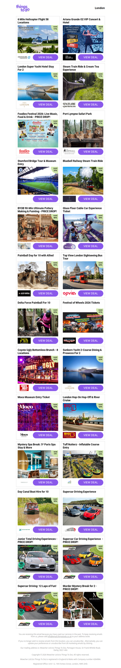 6 Mile Helicopter Flight 58 Locations | Ariana Grande O2 VIP Concert & Hotel | London Super Yacht Hotel Stay For 2 | Steam Train Ride & Cream Tea Experience | Foodies Festival 2026: Live Music, Food & Drink - PRICE DROP!